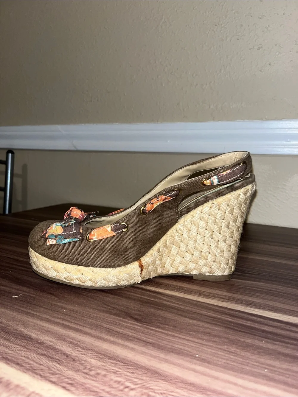 Xhileration Brown Espadrille Wedge Slingback with Floral Bow Accent